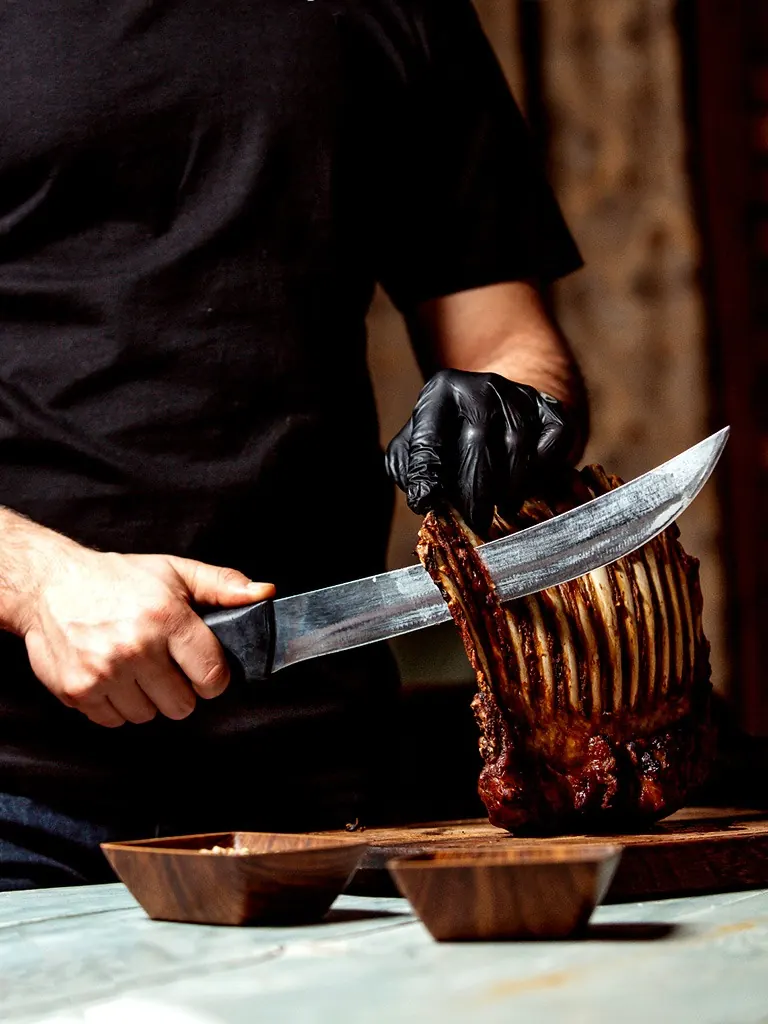 Le chef découpe une côte de bœuf grillée