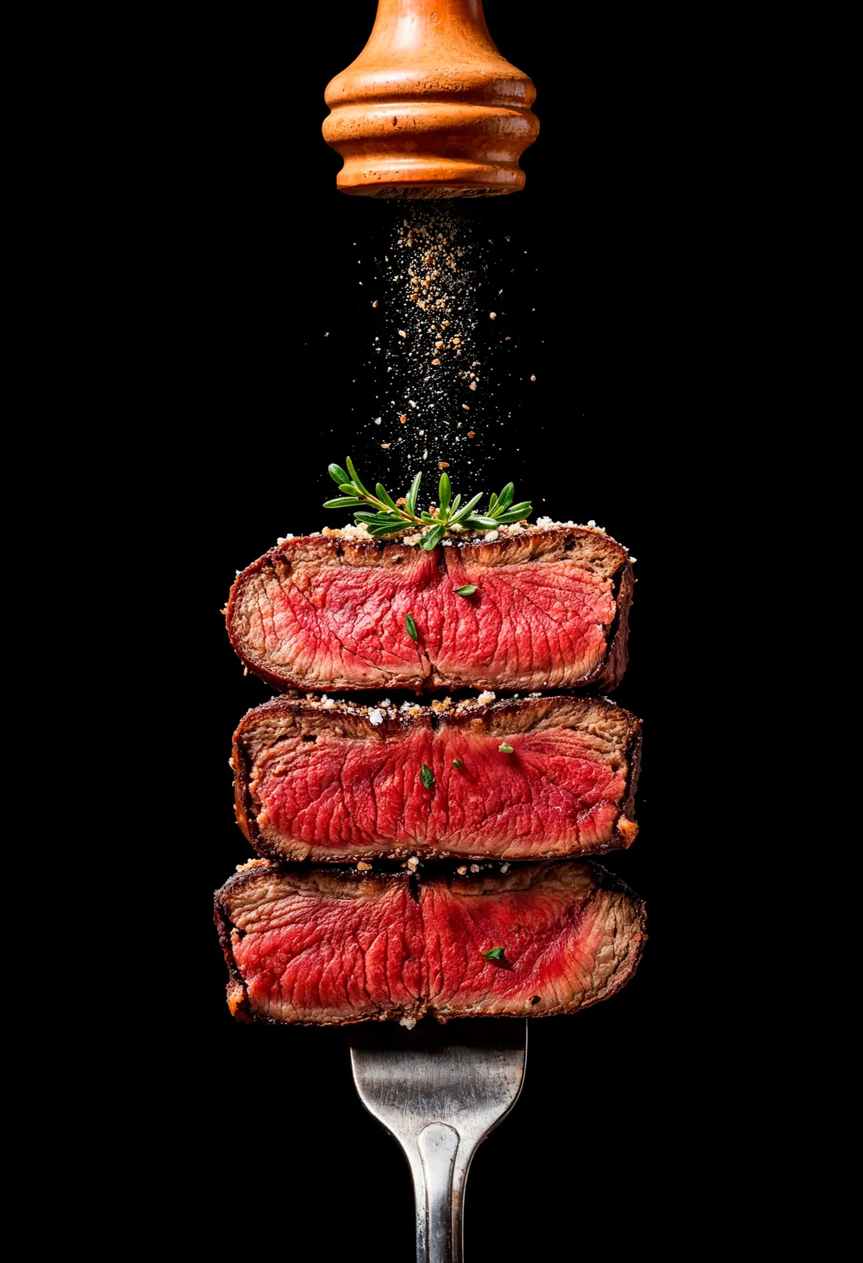 Tranches de bœuf saignant sur une fourchette